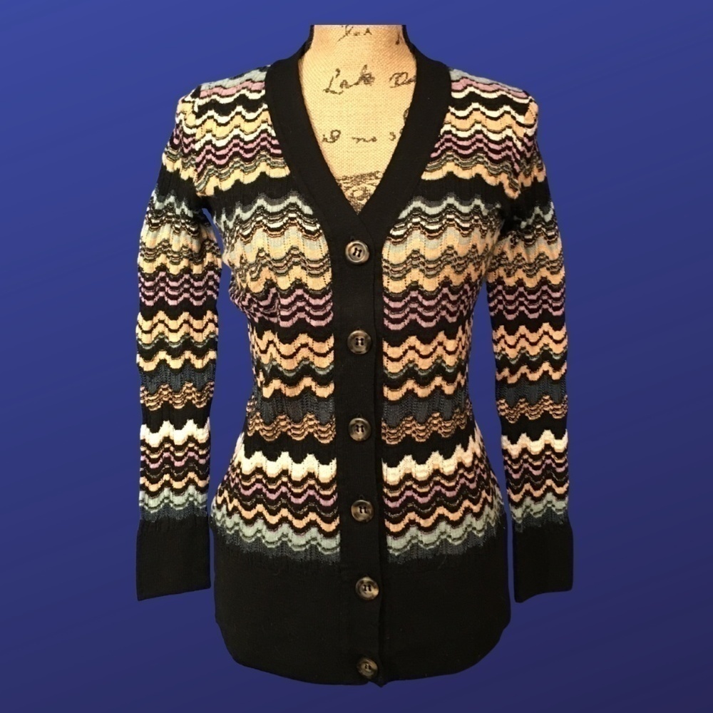 M MISSONI Zig Zag Cardigan, V-Neck, Long Sleeve, BLACK/MULTICOLOR, Size 4, EUC